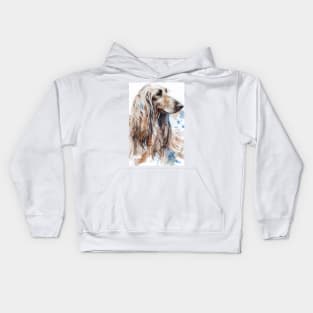 Watercolor Brown Afghan Hound  with Blue Accents Kids Hoodie